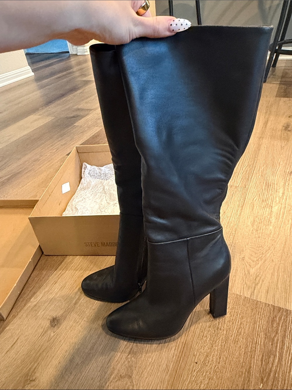 Steve Madden Black Knee-High Block Heel Leather Boots
